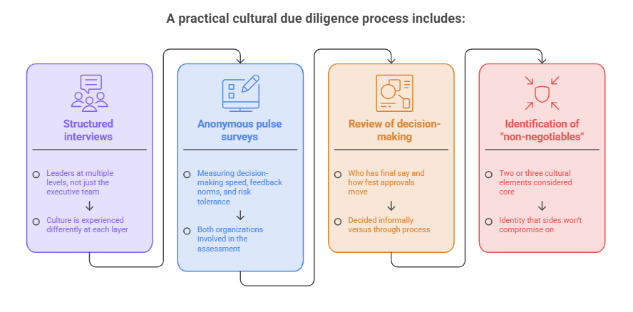 A practical cultural due diligence process includes
